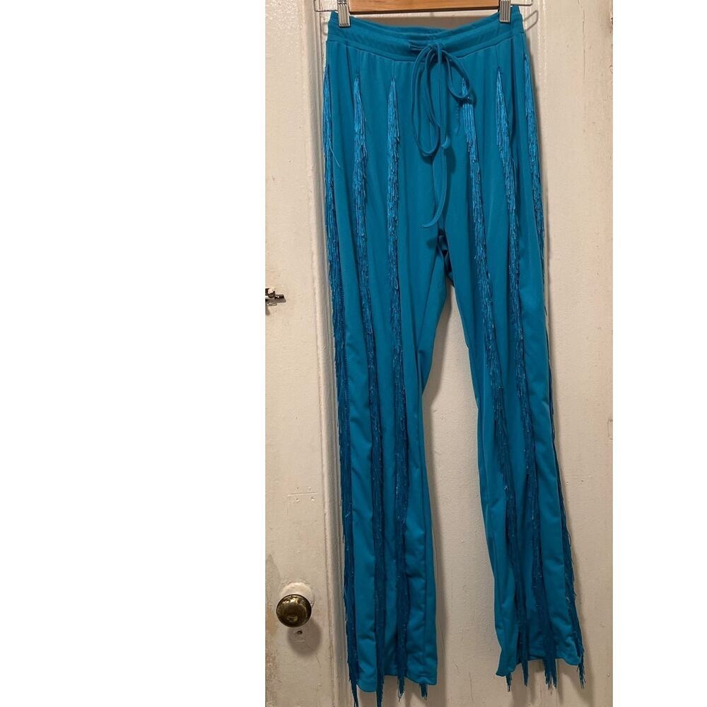 Women's Boho Drawstring Waist Long Fringe Tassel Pants Blue Size S - Picture 4 of 13